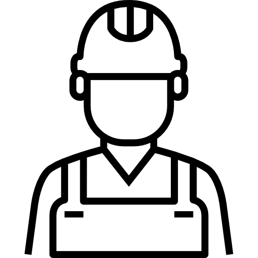 Outline icon of a construction worker wearing a hard hat and overalls, facing forward. Ideal for representing laborers in commercial scaffolding or domestic scaffolding settings. The figure is featureless, suggesting a generic builder.