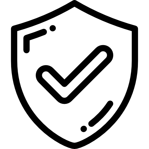 Black and white icon of a shield with a large checkmark inside, symbolizing security and protection—ideal for representing safety in commercial scaffolding or temporary roofs.
